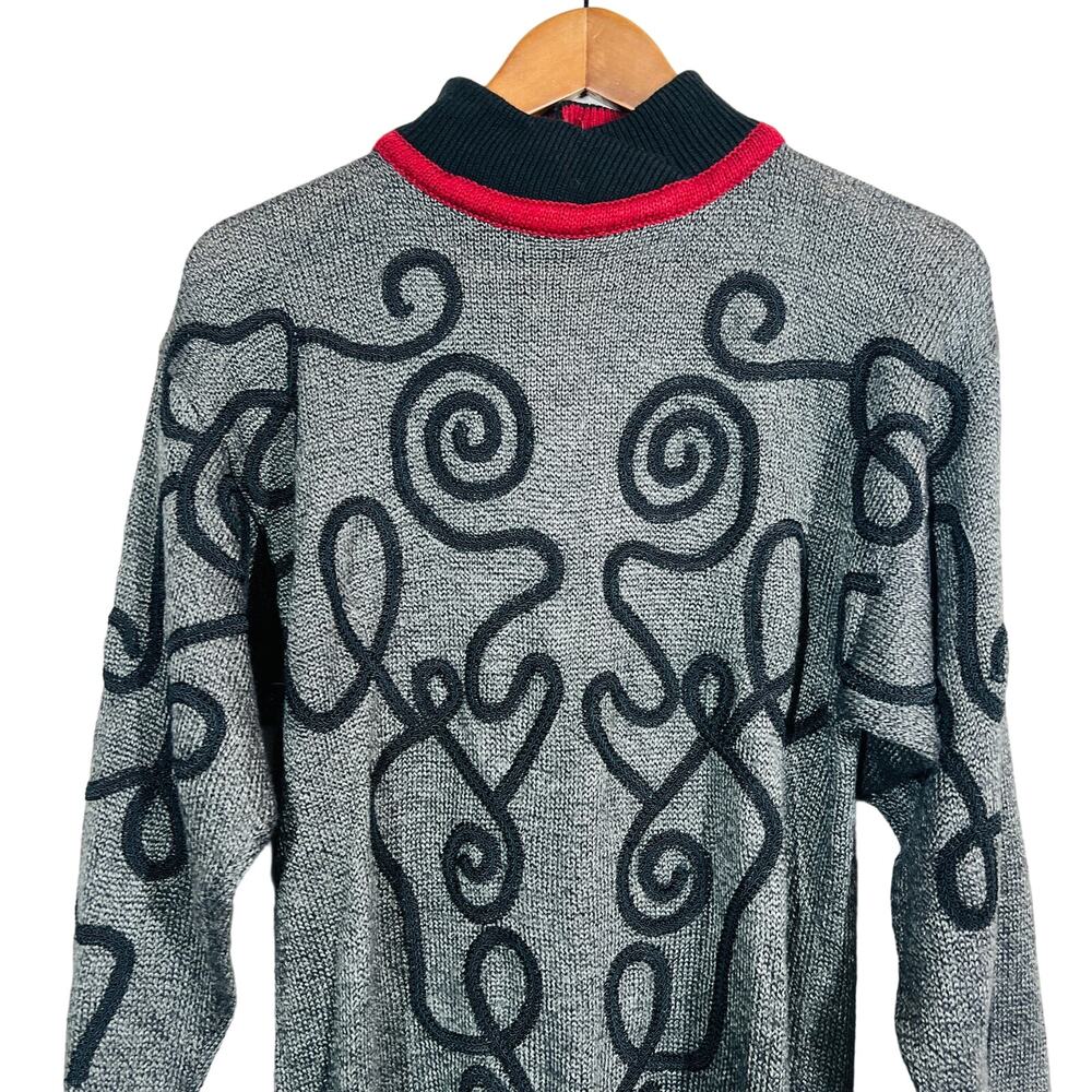 Vintage 80s Lindsay Scott Mock Neck Sweater Brocade Swirl Trim Classic Knit - S